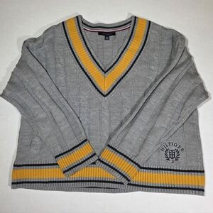 Tommy Hilfiger Gray Cable Knit V-Neck Sweater Yellow Navy Stripes Men's Large